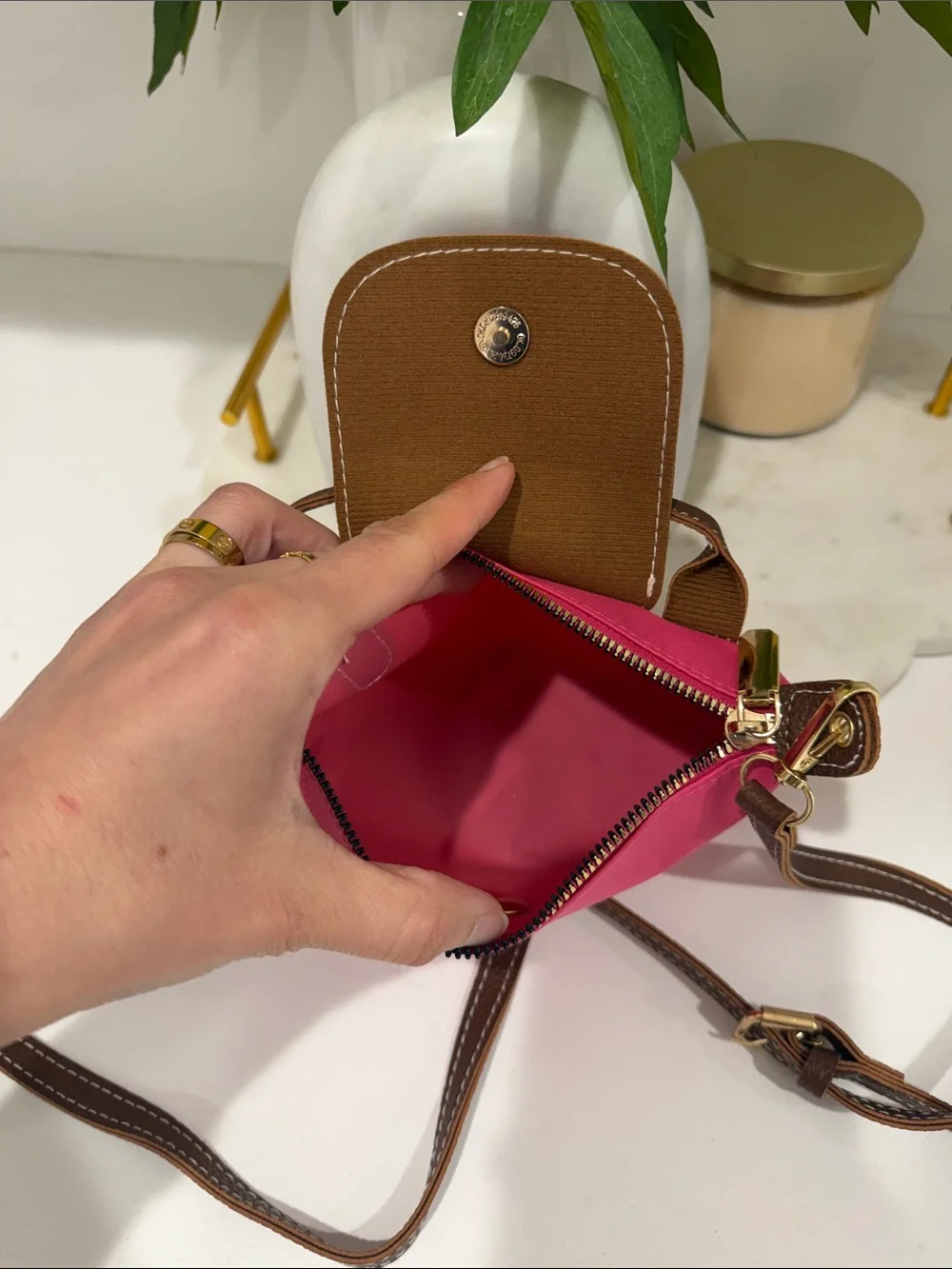 Pink Nylon Mini Bag with Brown Trim